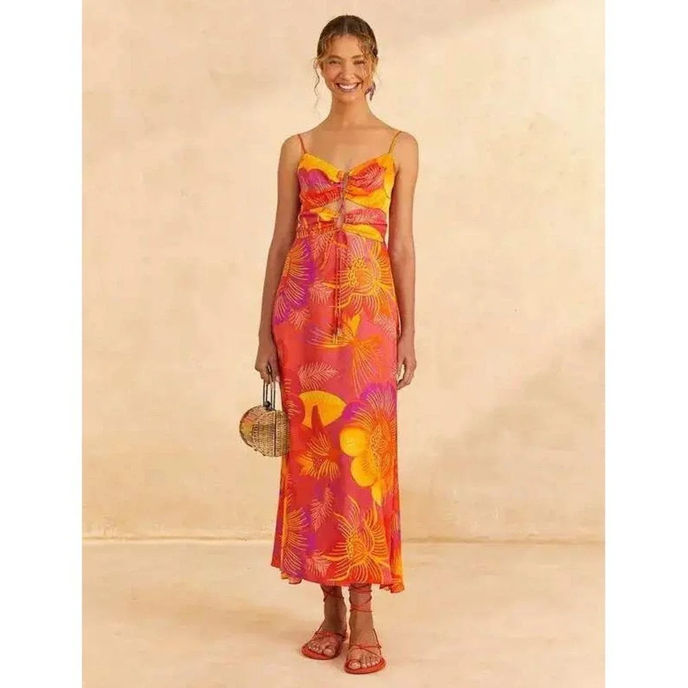 Farm Rio Summer Garden Ombre Maxi Dress Pink Orange Tropical Floral Cutout Sz L